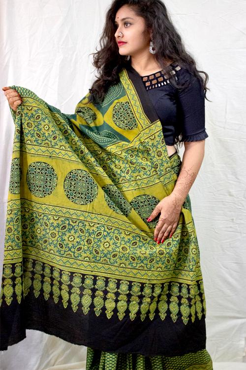 Handblock Printed Natural Dyed Cotton Saree Col-Mustard,Dull Turquoise.10