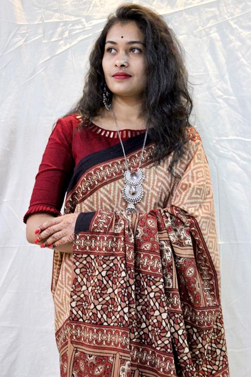 Handblock Printed Natural Dyed Cotton Saree Col- Beige & Rust.11