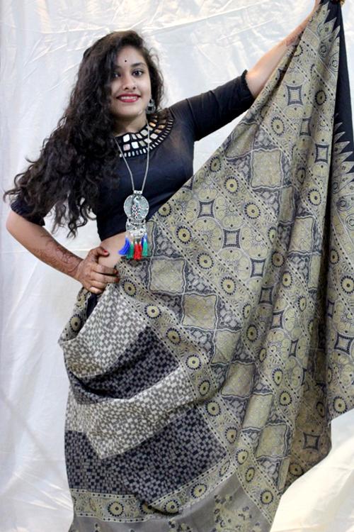 Handblock Printed Natural Dyed Cotton Saree Col- Grey 13