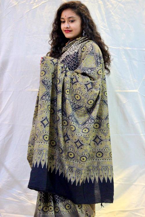 Handblock Printed Natural Dyed Cotton Saree Col- Grey 13