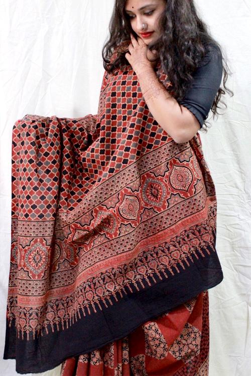 Handblock Printed Natural Dyed Cotton Saree Col- Brown,Rust.14