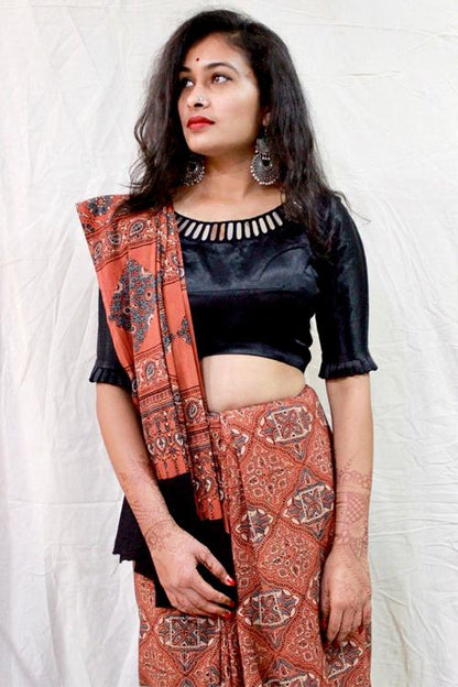 Handblock Printed Natural Dyed Cotton Saree Col- Light Rust.15