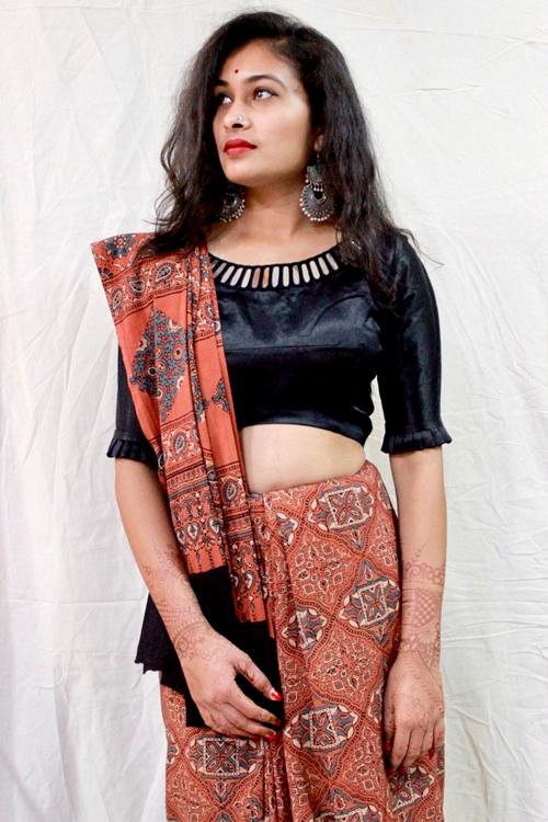 Handblock Printed Natural Dyed Cotton Saree Col- Light Rust.15