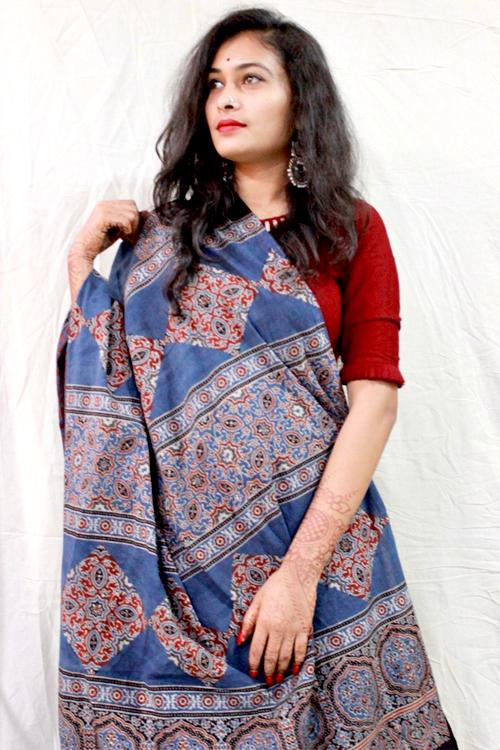 Handblock Printed Natural Dyed Cotton Saree Col- Grey Blue.16