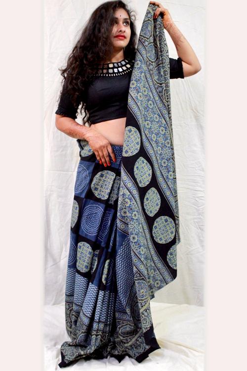Handblock Printed Natural Dyed Cotton Saree Col- Blue ,Black.19