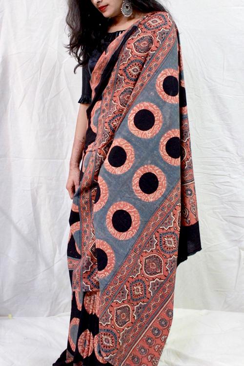 Handblock Printed Natural Dyed Cotton Saree Col- Rust, Grey .21