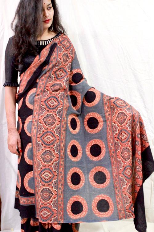 Handblock Printed Natural Dyed Cotton Saree Col- Rust, Grey .21