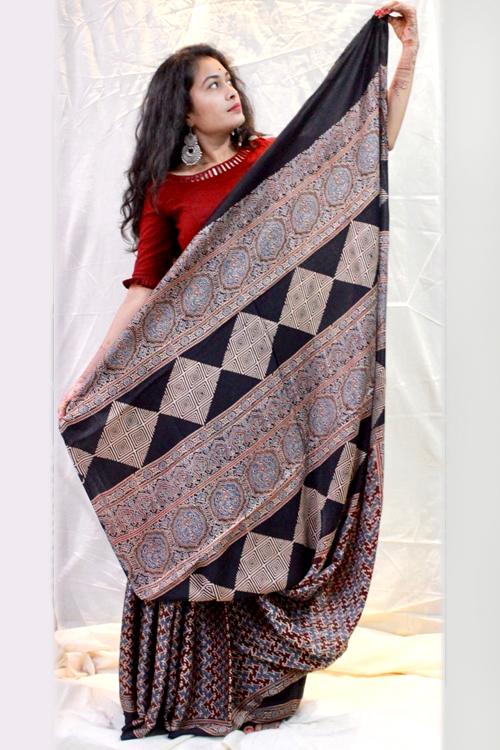 Handblock Printed Natural Dyed Modal Saree Col- Grey ,Black.25