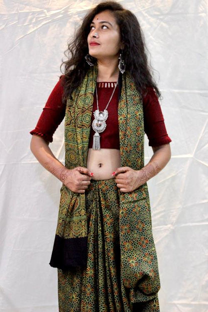 Handblock Printed Natural Dyed Modal Saree Col- Multi Jamavar.27