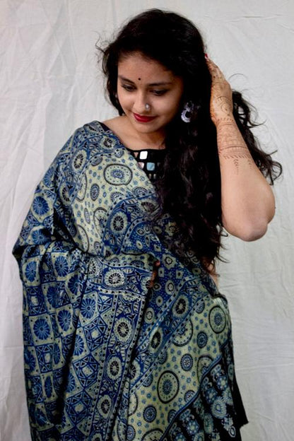 Handblock Printed Natural Dyed Modal Saree Col-Blue .28