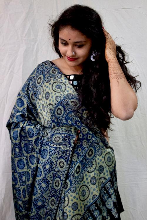 Handblock Printed Natural Dyed Modal Saree Col-Blue .28