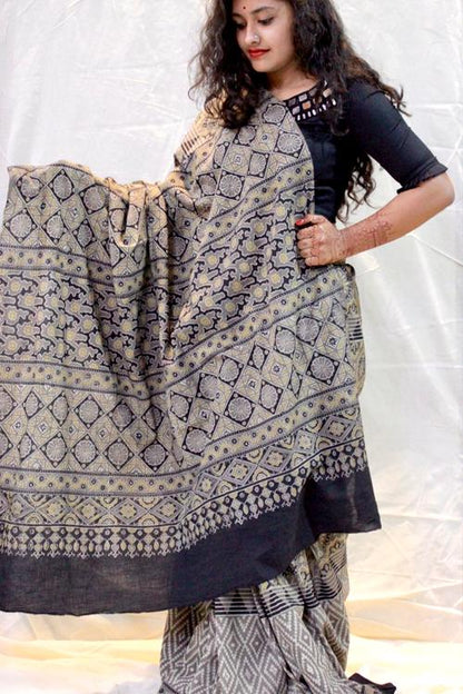 Handblock Printed Natural Dyed Modal Saree Col-Smoke Grey.29