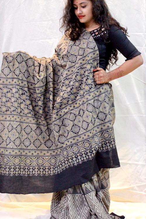Handblock Printed Natural Dyed Modal Saree Col-Smoke Grey.29
