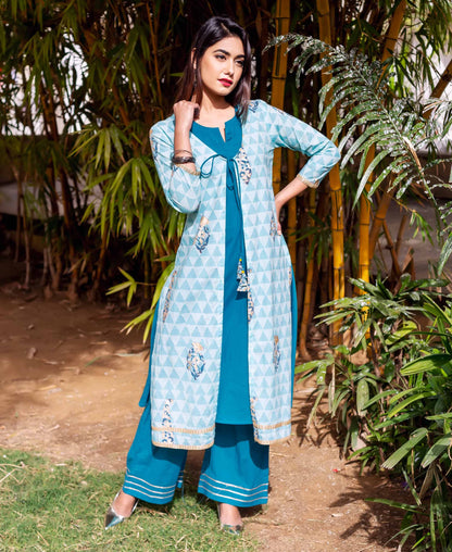 Aqua Printed Cotton Jacket Suit Set