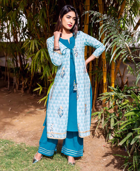 Aqua Printed Cotton Jacket Suit Set