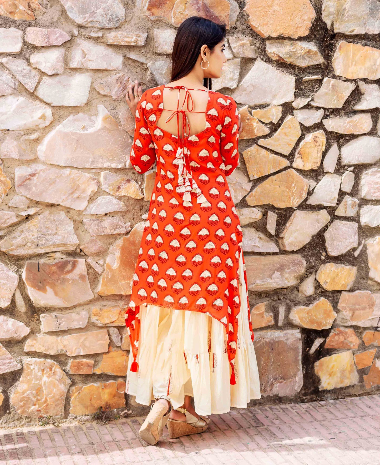 Orange Asymmetrical Double Layered Long Tier Dress