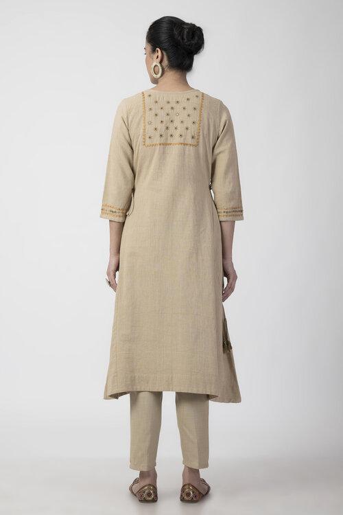 Beige Soof Embroiderd Woven A-line Kurta