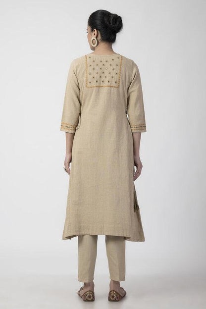 Beige Soof Embroiderd Woven A-line Kurta