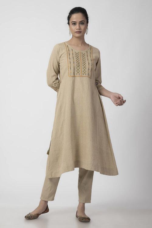 Beige Soof Embroiderd Woven A-line Kurta