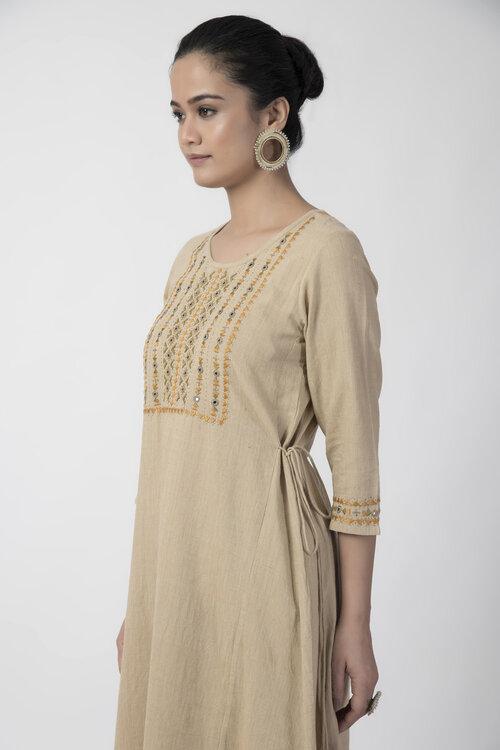 Beige Soof Embroiderd Woven A-line Kurta