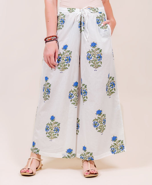 White and Blue Hand Block Printed Wide Leg Palazzo