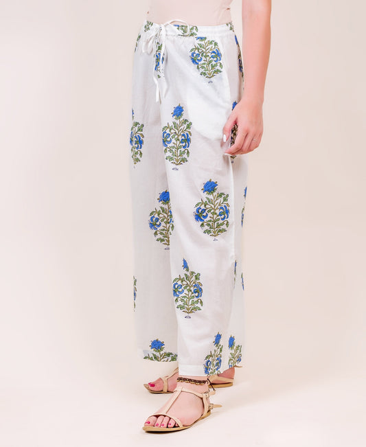 White and Blue Hand Block Printed Wide Leg Palazzo