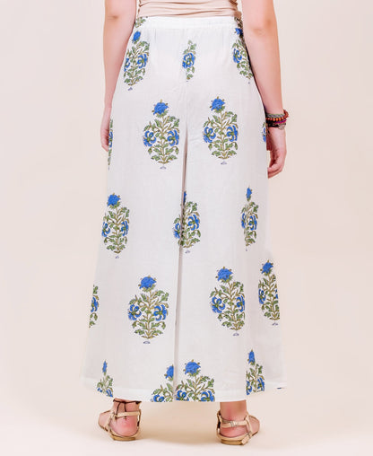 White and Blue Hand Block Printed Wide Leg Palazzo