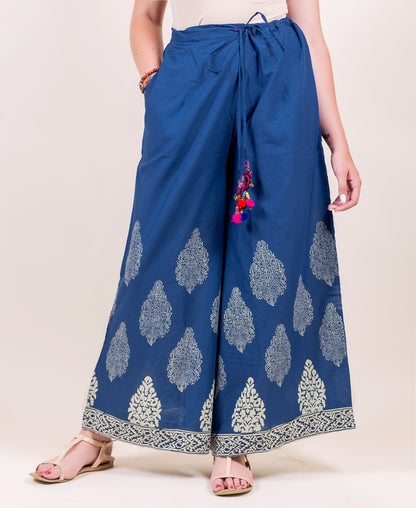 Indigo Hand Block Printed Flared Palazzo with Tassels