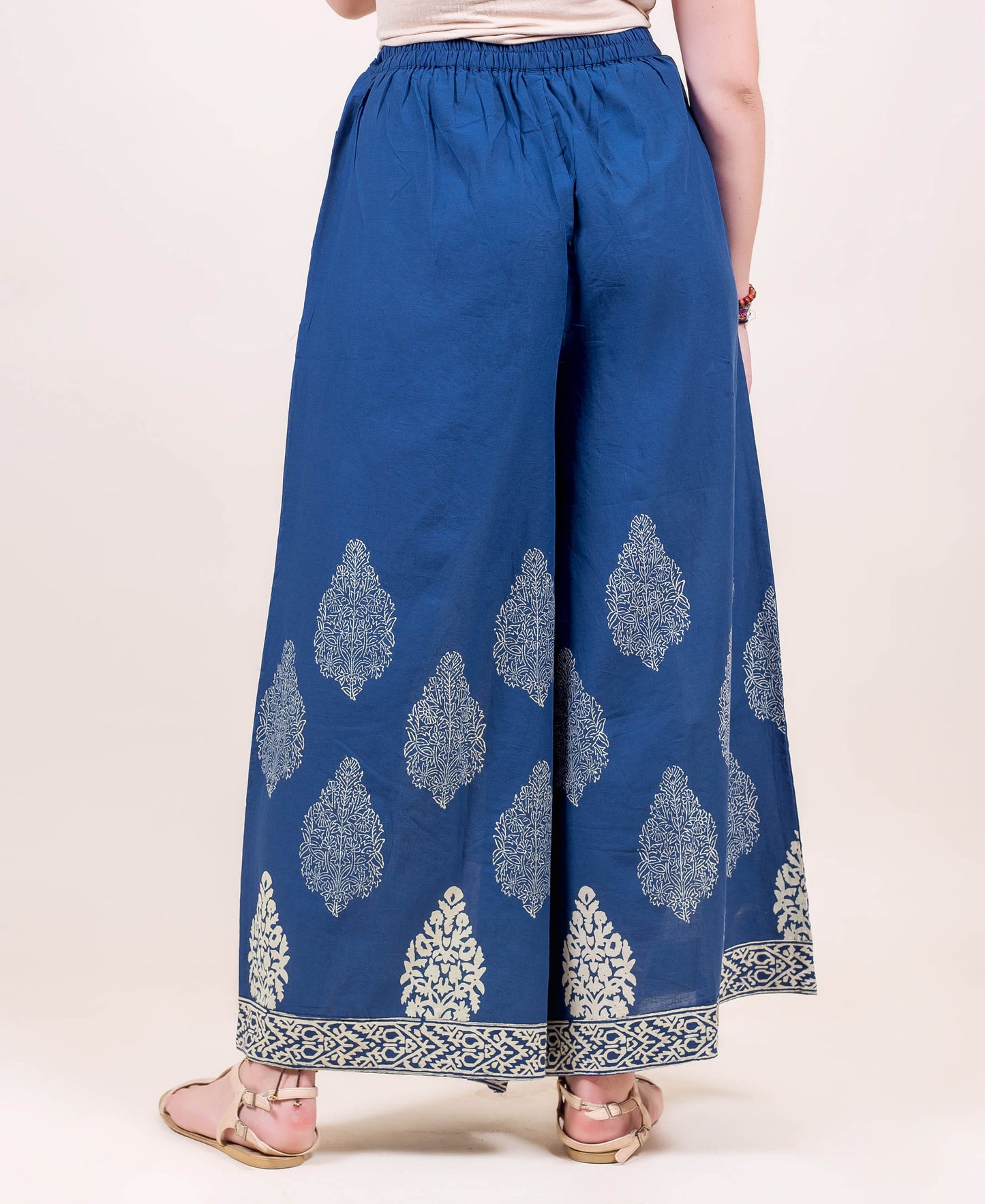 Indigo Hand Block Printed Flared Palazzo with Tassels