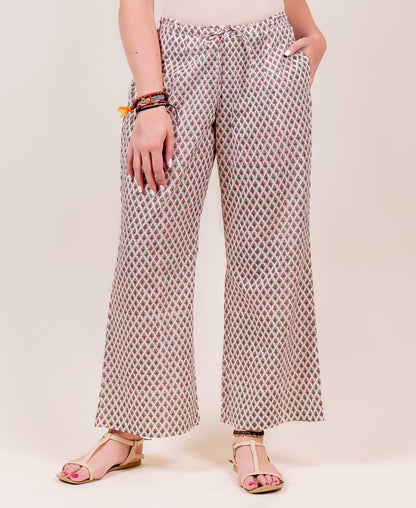 White and Green Hand Block Printed Palazzo