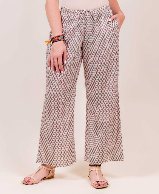 White and Green Hand Block Printed Palazzo