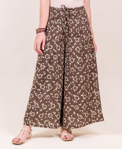 Brown Hand Block Printed Wide Leg Palazzo