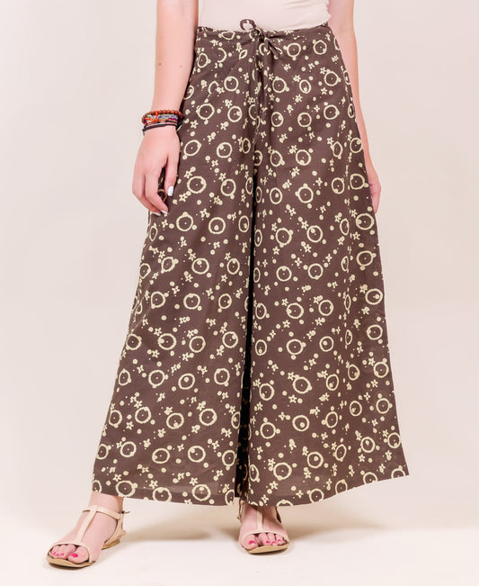 Brown Hand Block Printed Wide Leg Palazzo