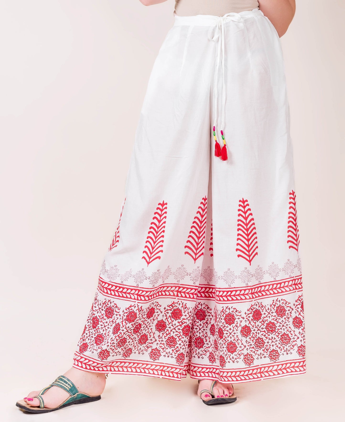 Hand Block Printed Flared Palazzos With Tribal Tassels