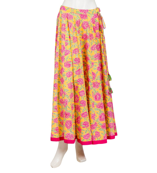 Yellow / Pink Wide Flare Floor Length Hand Block Print Skirt