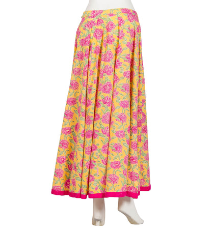 Yellow / Pink Wide Flare Floor Length Hand Block Print Skirt