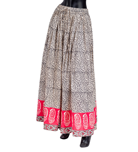 Floral Beige / Brown / Rust / Hand Block Print Wide Flare Skirt