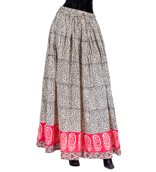 Floral Beige / Brown / Rust / Hand Block Print Wide Flare Skirt