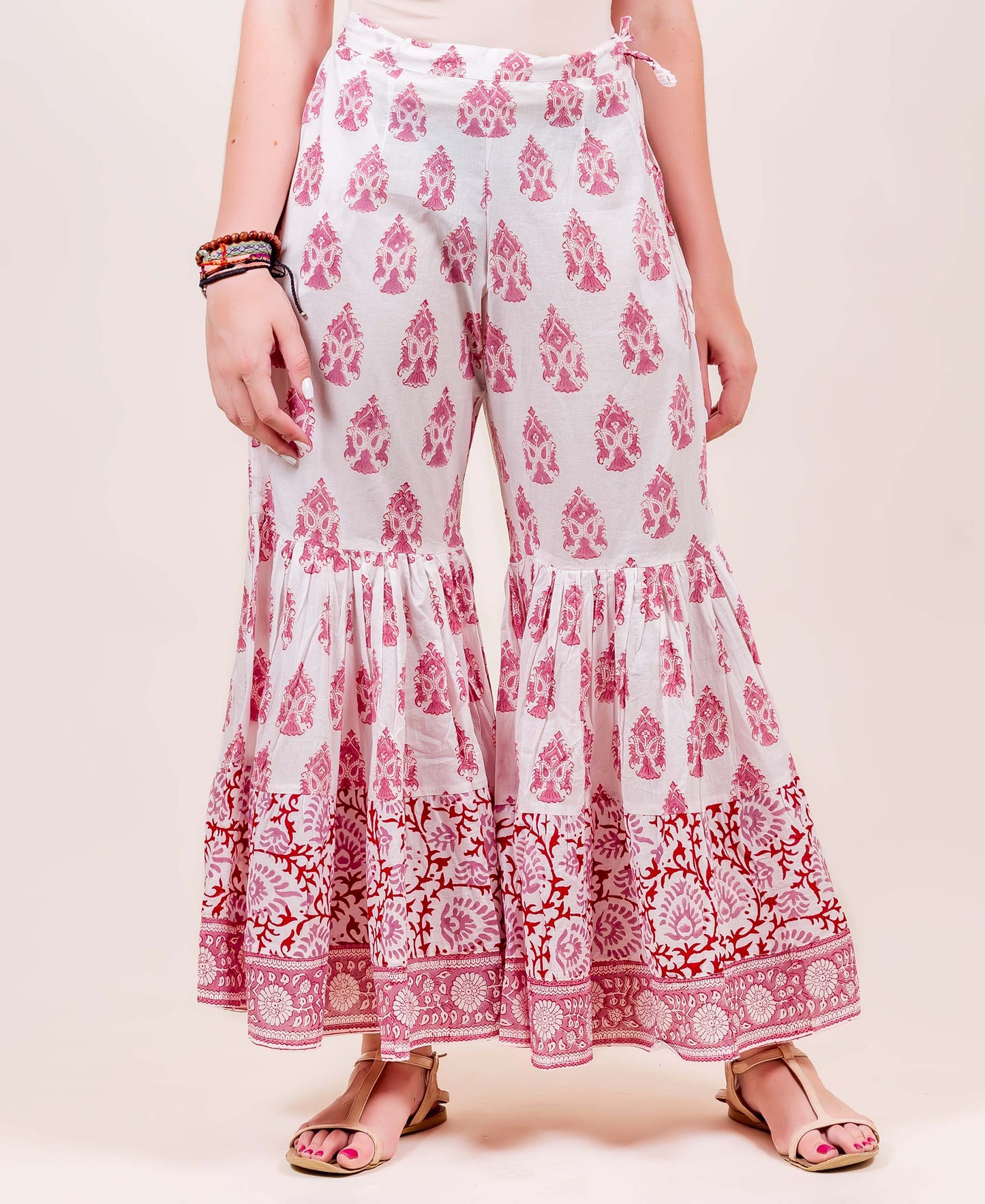 White and Maroon Block Printed Sharara