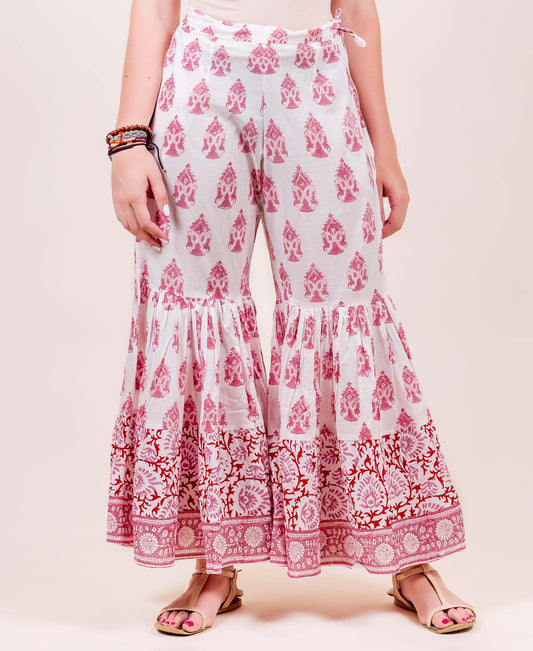 White and Maroon Block Printed Sharara