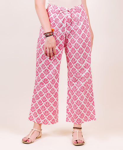White and Pink Block Printed Palazzo