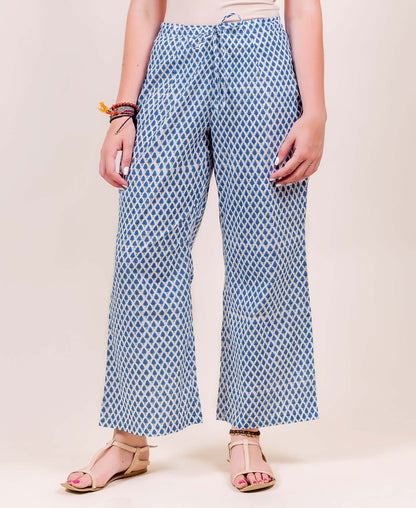 White and Blue Hand Block Printed Palazzo