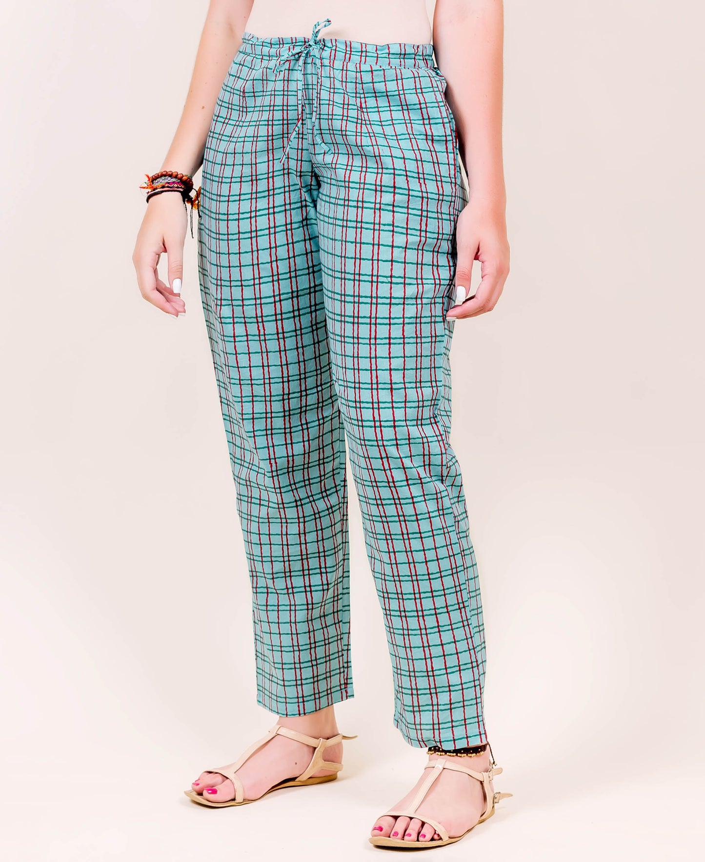 Blue and Red Hand Block Printed Straight Fit Pants