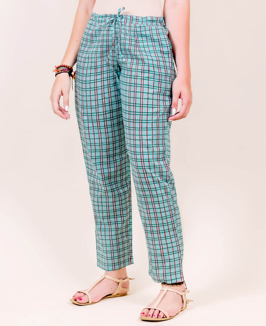 Blue and Red Hand Block Printed Straight Fit Pants