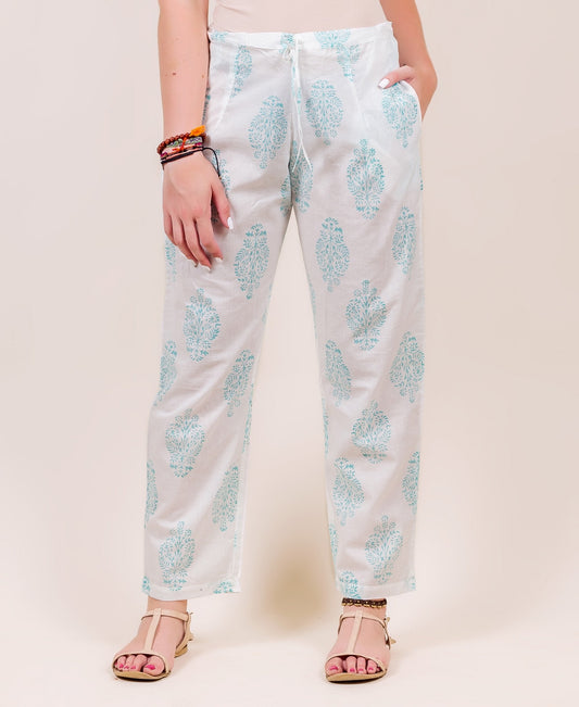 White and Blue Hand Block Printed Straight Pants