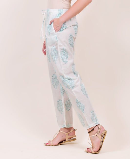 White and Blue Hand Block Printed Straight Pants