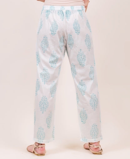 White and Blue Hand Block Printed Straight Pants