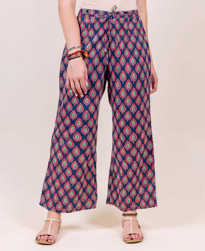 Indigo and Red Hand Block Printed Flared Palazzo