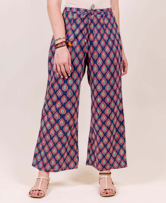 Indigo and Red Hand Block Printed Flared Palazzo
