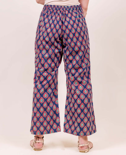 Indigo and Red Hand Block Printed Flared Palazzo